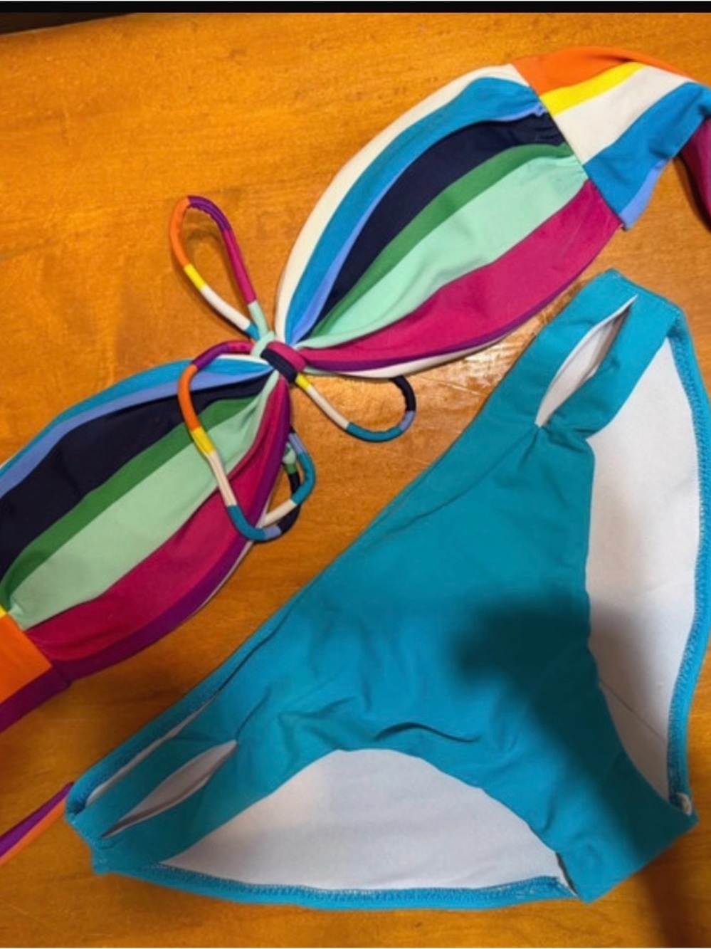 Women’s Multi-Stripe Bandeau Top and Teal Bikini Bottom Set